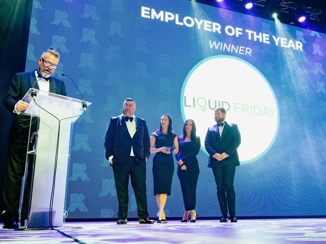Mark Collins presents Employer of the Year to Liquid Friday.  Picture: Keith Woodland (270321-203)