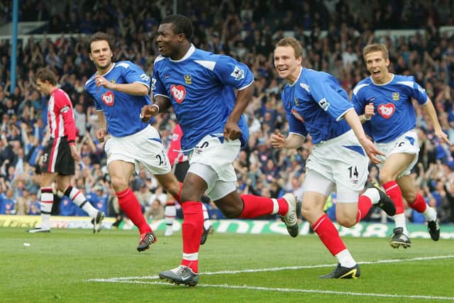 Yakubu is pursued by team-mates Patrik Berger, Matt Taylor and Gary O'Neil after scoring from the penalty spot against Southampton in April 2005. Picture: Mike Hewitt/Getty Images