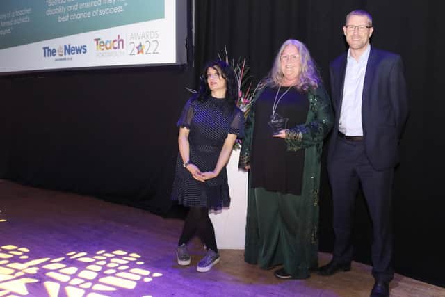 Teach Portsmouth Awards 2022 at Portsmouth Guildhall on Thursday 9 June. School and college staff from across the city took centre stage at the awards with winners in 9 award categories. Comedian and broadcaster, Shaparak Khorsandi hosted the ceremony. Pictured is: Winner 2 - People's choice award - Dee Ient - Cumberland Infant School - Sponsor - Mark Waldron, editor, The News.Picture: Portsmouth City Council