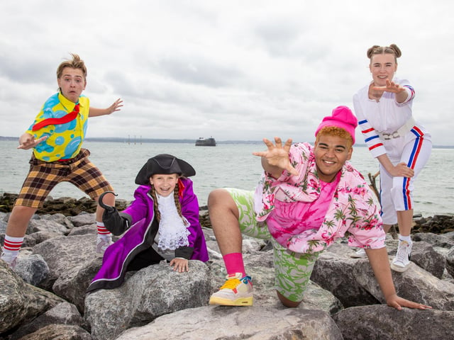 Pictured - Casper Horn, 16 (Spongebob), Stanley Pearl (Patrick), Ella Burgos, 17 (Sandy)  and Jemima Rees, 14 (Patchy the Pirate) in SouthseaPhotos by Alex Shute