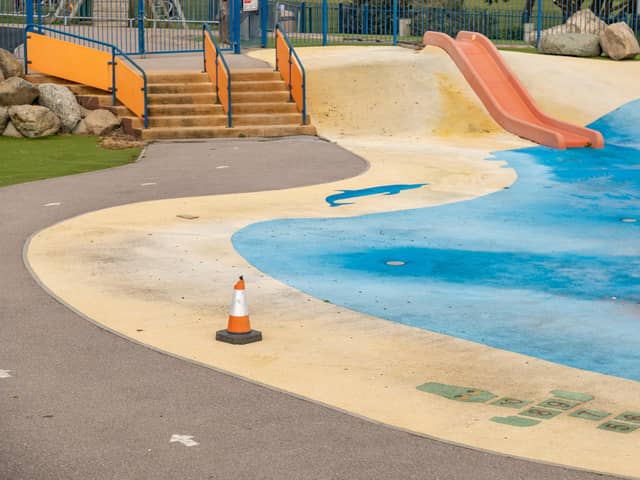 The deserted Splash Park in Stokes Bay, closed due to a technical fault. Picture: Mike Cooter (05042023)