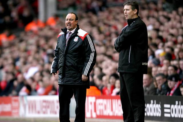 'Unbelievable experience' - Hawks manager Shaun Gale (right) and Liverpool boss Rafael Benitez on the touchline at Anfield in 2008.