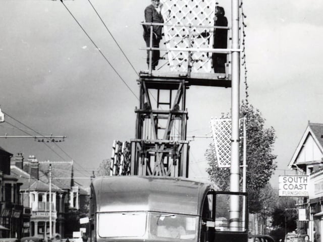 Christmas decorations being installed in North End, Portsmouth in 1956.Picture: Wright & Logan Photographers