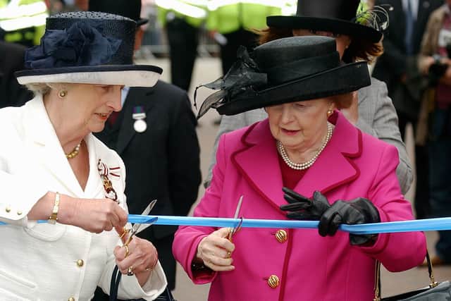 Baroness Thatcher and Lord Lieutenant of Hampshire Mary Fagan cut the tape officially unveiling Fareham's Falklands Arch  Picture: Jonathan Brady (071947-46)
