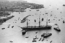 A side on view of the armoured frigate, HMS Warrior, 1987. The News PP5391