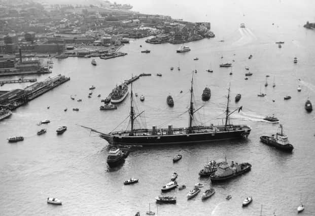 A side on view of the armoured frigate, HMS Warrior, 1987. The News PP5391