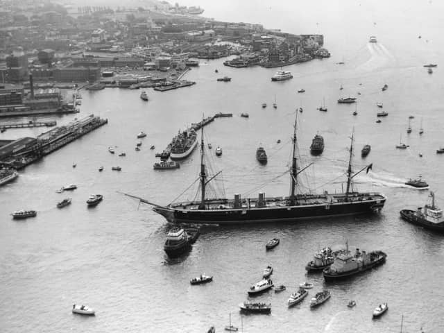 A side on view of the armoured frigate, HMS Warrior, 1987. The News PP5391