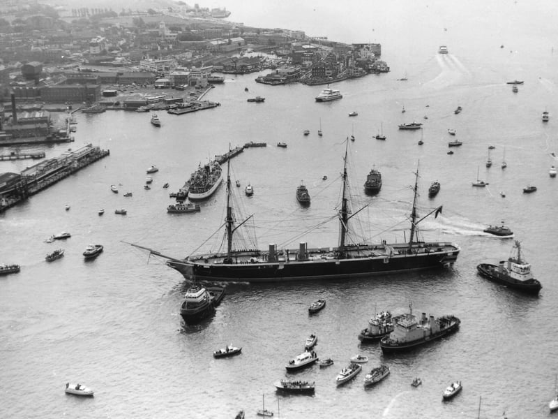 A side on view of the armoured frigate, HMS Warrior, 1987. The News PP5391