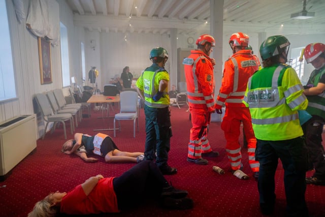 Emergency services exercise at Historic Dockyard, Portsmouth on Thursday 19th June 2025 Pictured: Emergency services arriving at the scene of the improvised explosion Picture: Habibur Rahman