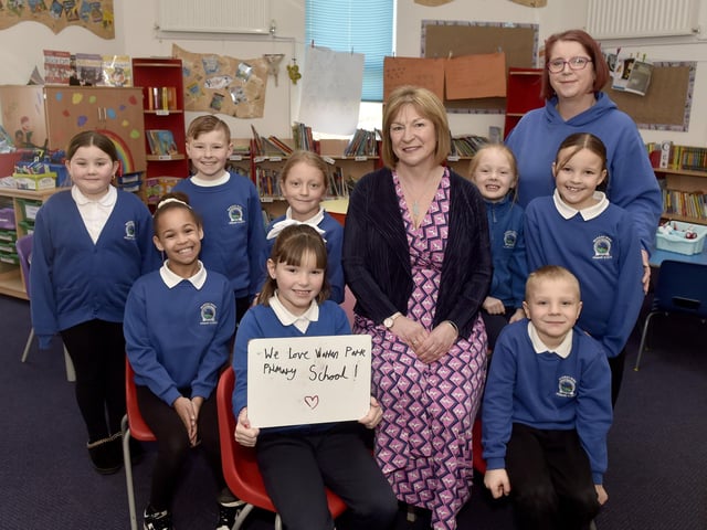 Warren Park Primary School in Sandleford Road, Havant, received a positive outcome in their Ofsted report which was published on January 28, 2025. Pictured is: (back l-r) Piper-Rae Nash (8), Freddie Montague (9), Bella Valaskova (8), headteacher Elizabeth Cooper, Damia Ward (6), deputy headteacher Lynne Lofting and Mollie Penfold (10) with (front l-r) Anaya Ntaji (8), Penny Stone (9) and Jackson Legg (6).Picture: Sarah Standing (280225-9867)