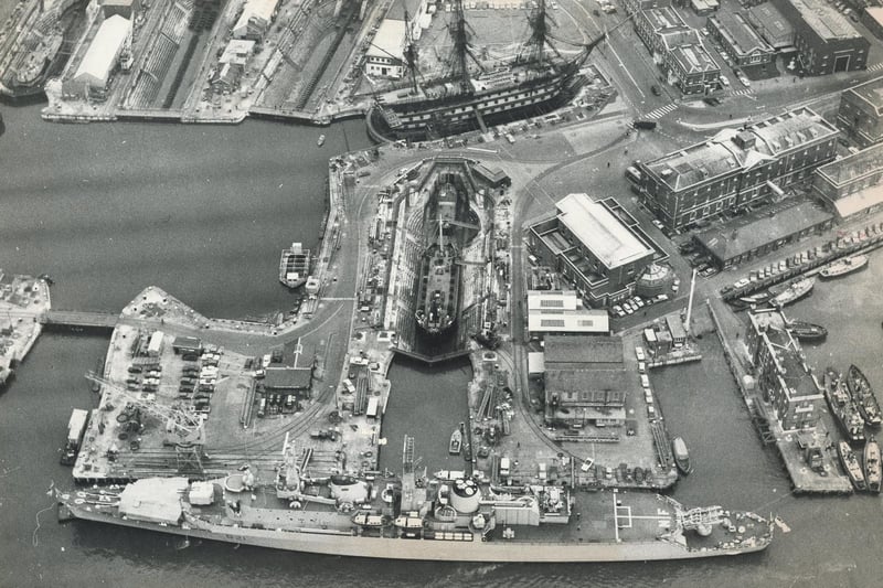 Portsmouth Dockyard with the current ships docked there, 1970. The News PP5652