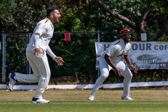 Joy for Gosport bowler Muhammad Ali as he takes a wicket against Portsmouth & Southsea. Picture: Mike Cooter