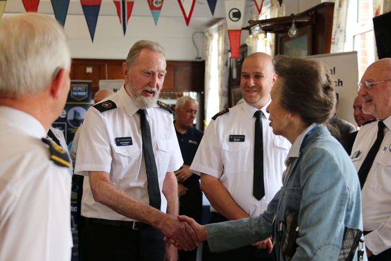 The princess meets James Shepherd and Richard Swaine, trainee watchkeepers and Peter Selley. Credit Bev Livermore