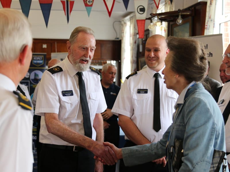 The princess meets James Shepherd and Richard Swaine, trainee watchkeepers and Peter Selley. Credit Bev Livermore