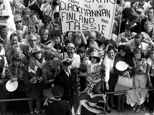 Prince Andrew in Portsmouth in front of a crowd welcoming the carrier HMS Invincible home from the Falklands 17th December 1982.