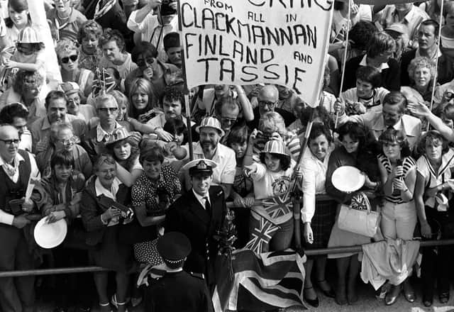Prince Andrew in Portsmouth in front of a crowd welcoming the carrier HMS Invincible home from the Falklands 17th December 1982.