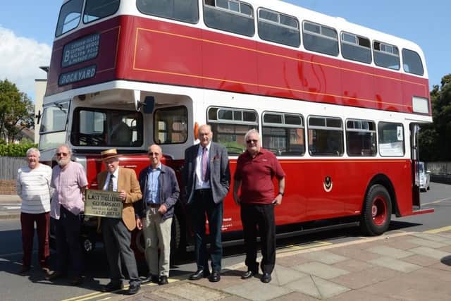 The last bus re-enactment outside Highland Road Cemetery. Preservation members (from left) Barry Cox, John Bramble, Richard Newman, Alan Warbank, Bob Hind, Rob Jones. Dave Dean was the driver. Picture by Nigel Appleford