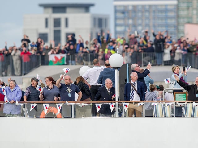 The Royal British Legion's specially chartered ship, the MV Boudicca, setting sail from Portsmouth with 300 veterans to Normandy. HMS St Albans, a Type-23 Royal Navy frigate, escorting the MV Boudicca along with four smaller Royal Navy vessels. Picture: Habibur Rahman