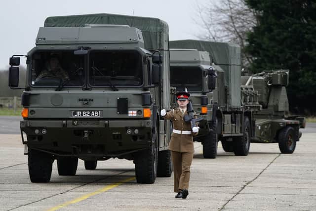 The old Rapier missile system is driven off the parade ground as soldiers from the 16 Regiment Royal Artillery take part in the change of colours parade