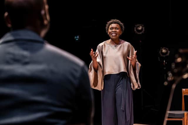 Rakie Ayola and Jack Benjamin in Mom, How Did You Meet The Beatles? At Minerva Theatre, Chichester, June/July 2023. Picture by The Other Richard