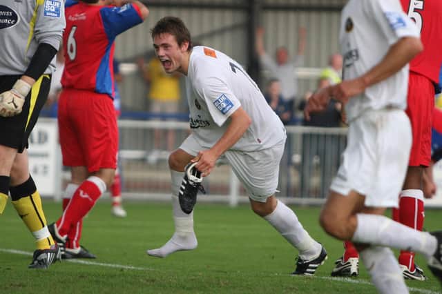 Steve Hutchings celebrates a goal during his short spell with Hawks in 2009 against Hampton. 
Picture: Dave Haines