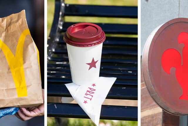 Composite of file photos (from left) of a McDonalds food order, a Pret A Manger takeaway coffee, and a Nando's restaurant logo. Picture:: Liam McBurney/Jane Barlow/Mike Egerton/PA Wire