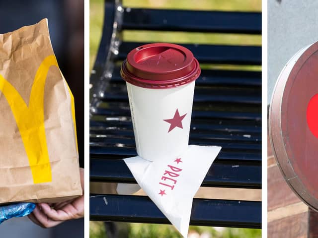 Composite of file photos (from left) of a McDonalds food order, a Pret A Manger takeaway coffee, and a Nando's restaurant logo. Picture:: Liam McBurney/Jane Barlow/Mike Egerton/PA Wire