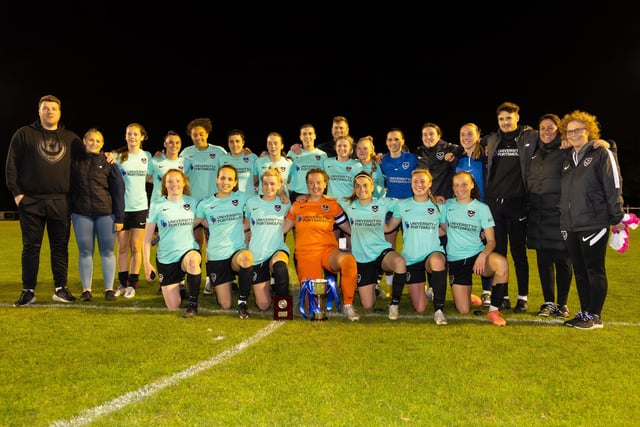 Portsmouth line up with the PDFA Senior Cup. Picture by Alex Shute