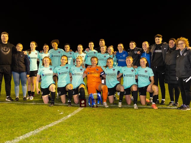 Portsmouth line up with the PDFA Senior Cup. Picture by Alex Shute