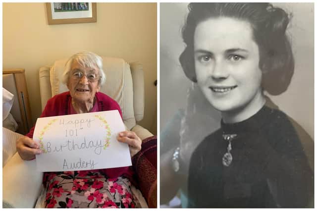 Audrey Colwell celebrating her 101st birthday and, right, in her younger days