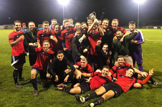 Jameson Arms celebrate after winning the 2019/20 Portsmouth & District FA Sunday Cup at Moneyfields.