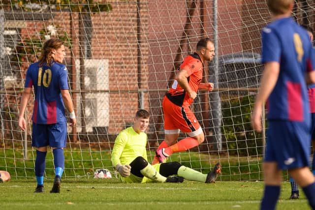 Brett Pitman scoring yet another go on his way to 20 for Portchester to date. Picture: Keith Woodland (151021-323)