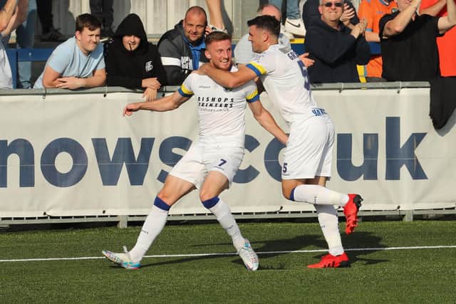 Jake McCarthy, left, celebrates after scoring against Concord Rangers. Picture: Dave Haines.