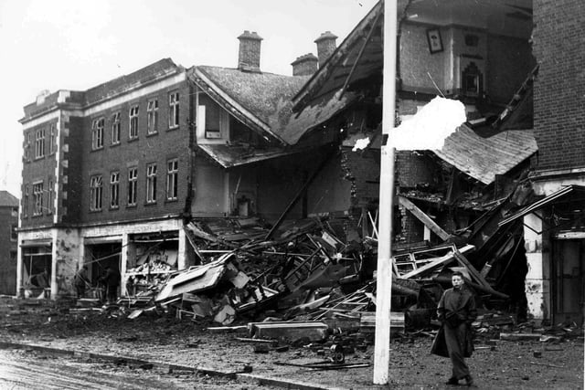 Highbury Buildings south of Cosham railway gates after being hit on December 12 1940. Two local people were killed by this explosion. Joan Millet aged 19 of Chatsworth Avenue, Highbury and  Frederick Waldron aged 53 of Park Grove, Cosham.