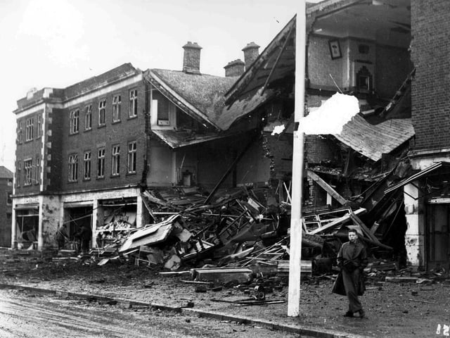 Highbury Buildings south of Cosham railway gates after being hit on December 12 1940. Two local people were killed by this explosion. Joan Millet aged 19 of Chatsworth Avenue, Highbury and  Frederick Waldron aged 53 of Park Grove, Cosham.