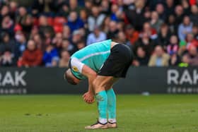 Colby Bishop had a great chance to win the game for Pompey in the dying minutes at Sincil Bank