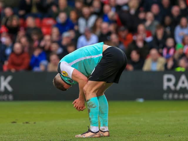 Colby Bishop had a great chance to win the game for Pompey in the dying minutes at Sincil Bank
