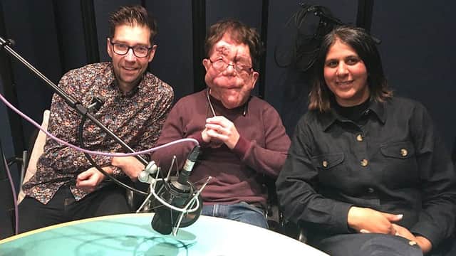 Dan White from Fareham recording an episode of Pod-Ability with actor and broadcaster Adam Pearson and parent and campaigner Bobby Dove