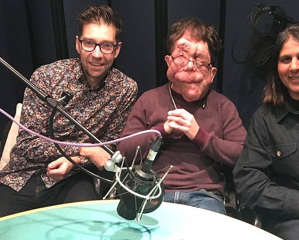 Dan White from Fareham recording an episode of Pod-Ability with actor and broadcaster Adam Pearson and parent and campaigner Bobby Dove