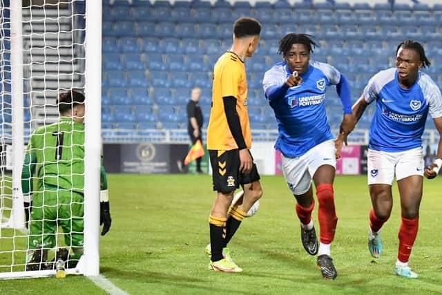 Koby Mottoh converts Josh Dockerill's cross from close range to hand Pompey a 2-1 half-time lead against Cambridge United. Picture: Colin Farmery.