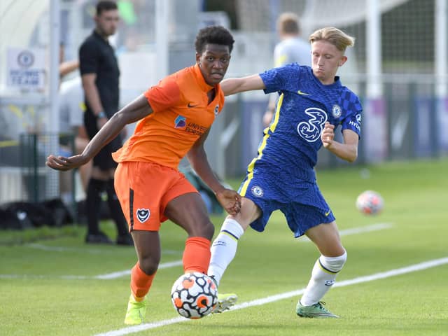 Triallist Renedi Masampu in action for Pompey against Chelsea under-23s. Picture: Clive Howes - Chelsea FC/Chelsea FC via Getty Images