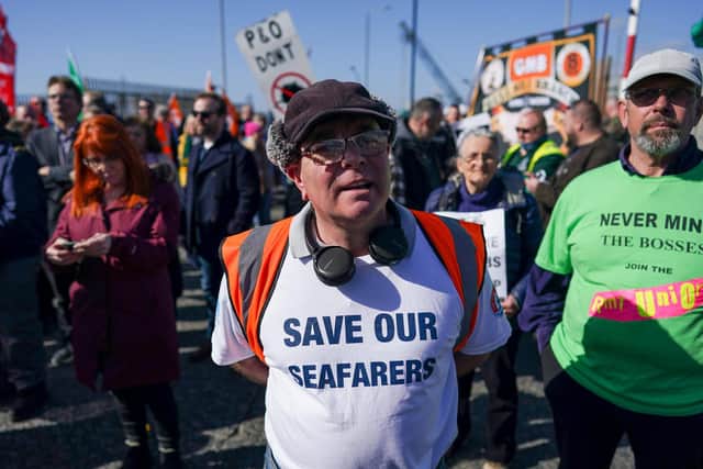 Protesters gather outside the Port of Hull to demonstrate against P&O Ferries. Picture: Ian Forsyth/Getty Images