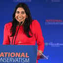 LONDON, ENGLAND - MAY 15: Britain's Secretary of State for the Home Department Suella Braverman speaks during the National Conservatism Conference at The Emmanuel Centre on May 15, 2023 in London, England. Traditionalist conservatives gather for their annual conference in Central London. National Conservatism values the concepts of custom, convention and tradition over individualism.  (Photo by Leon Neal/Getty Images):Suella Braverman at the National Consertism conference on May 15. Getty