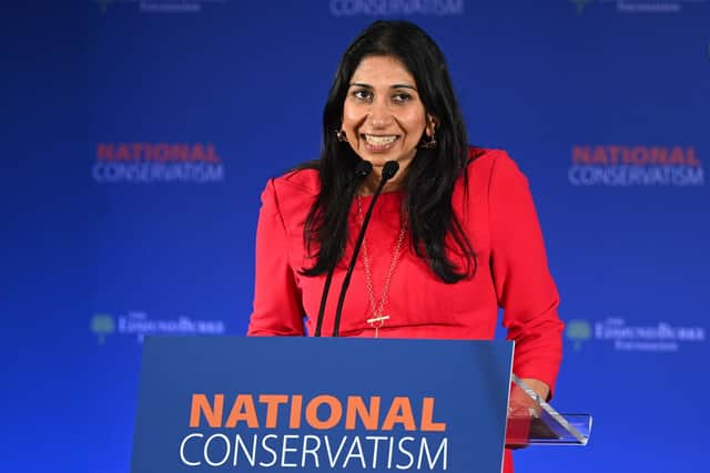 LONDON, ENGLAND - MAY 15: Britain's Secretary of State for the Home Department Suella Braverman speaks during the National Conservatism Conference at The Emmanuel Centre on May 15, 2023 in London, England. Traditionalist conservatives gather for their annual conference in Central London. National Conservatism values the concepts of custom, convention and tradition over individualism.  (Photo by Leon Neal/Getty Images):Suella Braverman at the National Consertism conference on May 15. Getty