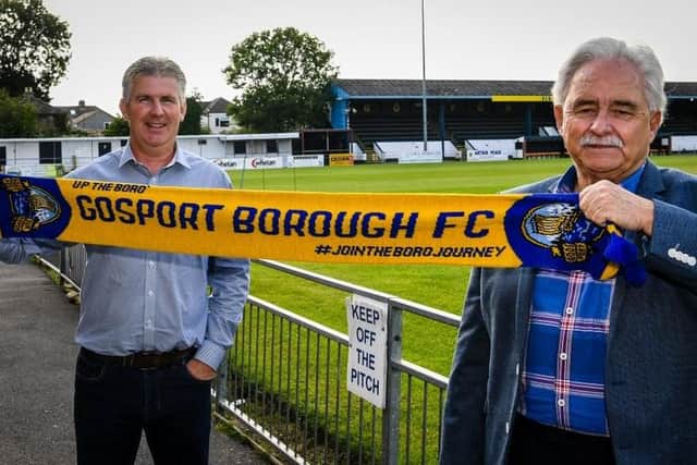Shaun Gale with Gosport chairman Iain McInnes after being unveiled as the new Borough boss. Pic: Colin Farmery.