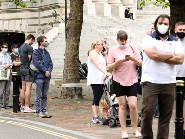 The queue at the Covid-19 Vaccination Centre at Lalys Pharmacy, Guildhall Walk, Portsmouth
Picture: Chris Moorhouse (jpns 100621-03)