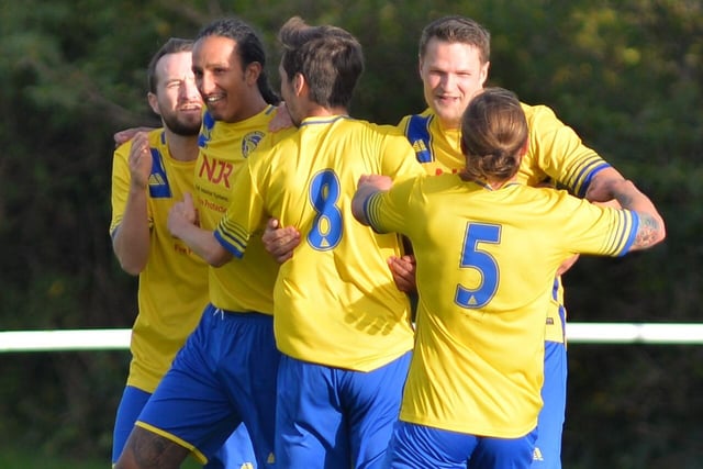 Meon celebrate a goal. Picture by Martyn White