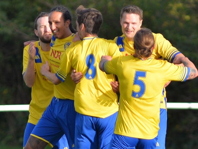 Meon celebrate a goal. Picture by Martyn White