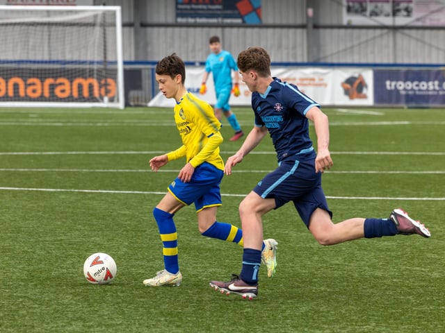 Action from the Under-16 Arthur Hughes Challenge Cup final between Meon Milton Awfords (yellow shirts) and Pickwick Youth Panthers. Picture: Mike Cooter