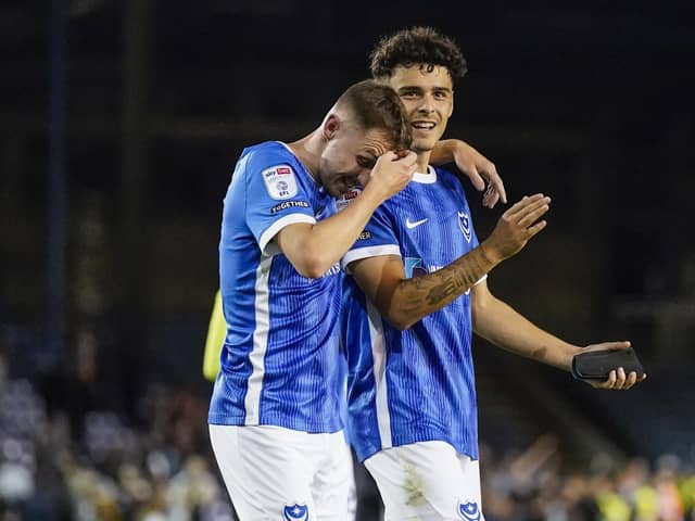 Pompey midfielder Alex Robertson with Pompey team-mate Gavin Whyte